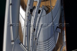 PALMA, MAJORCA - JUNE 19TH:  View of the carbon fibre yard arms and the deck from the top of the 200ft masts of Maltese Falcon on New Zealand Millenium Day of the Superyacht Cup Ulysse Nardin on June 19th 2007. Fifty-two of the worlds largest and most expensive sailing superyachts have gathered in Majorca for The Superyacht Cup Ulysse Nardin 2007, including three days of sailing and social events.