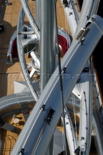 PALMA, MAJORCA - JUNE 19TH:  The view of the carbon fibre yard arms and deck from the top of the 200ft masts of Maltese Falcon on New Zealand Millenium Day of the Superyacht Cup Ulysse Nardin on June 19th 2007. Fifty-two of the worlds largest and most expensive sailing superyachts have gathered in Majorca for The Superyacht Cup Ulysse Nardin 2007, including three days of sailing and social events.