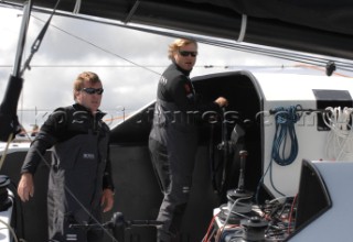 COWES, ENGLAND - August 13th: Alex Thompson and Andrew Cape on the Open 60 Hugo Boss (UK)  Rolex Fastnet Race 2007