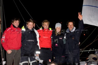 2008 VENDEE GLOBE.Finish. Solo round the world sailing race non stop without assistance (24840 NM). With Marc Guillemot (right) skippers he have invited to share with him his arrival in Les sables dOlonne port, from left,Kito de Pavant(FRA), Yann Elies (FRA), Jean Le Cam (FRA), Roland Jourdain (FRA) and Sam Davies (GBR).