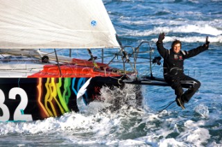 LES SABLES DOLONNE, FRANCE - FEBRUARY 16th: (FRANCE AND ITALY OUT) British yachtsman Brian Thompson finishes 5th aboard his Open 60 yacht Pindar in the famous Vendee Globe yacht race crossing the finish line in Les Sables dOlonne, France. (Photo by Thierry Martinez)