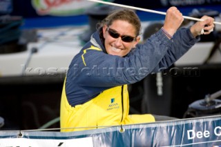 LES SABLES DOLONNE, FRANCE - FEBRUARY 16th: (FRANCE AND ITALY OUT) British yachtswoman Dee Caffari finishes 6th in the famous Vendee Globe yacht race crossing the finish line in Les Sables dOlonne, France. In doing so she becomes the first woman to circumnavigate the world sailing in both directions, both with and against the prevailing westerly winds. (Photo by Thierry Martinez)