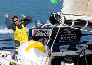 LES SABLES DOLONNE, FRANCE - FEBRUARY 16th: (FRANCE AND ITALY OUT) British yachtswoman Dee Caffari finishes 6th in the famous Vendee Globe yacht race crossing the finish line in Les Sables dOlonne, France. In doing so she becomes the first woman to circumnavigate the world sailing in both directions, both with and against the prevailing westerly winds. (Photo by Thierry Martinez)