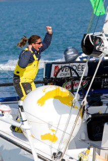 LES SABLES DOLONNE, FRANCE - FEBRUARY 16th: (FRANCE AND ITALY OUT) British yachtswoman Dee Caffari finishes 6th in the famous Vendee Globe yacht race crossing the finish line in Les Sables dOlonne, France. In doing so she becomes the first woman to circumnavigate the world sailing in both directions, both with and against the prevailing westerly winds. (Photo by Thierry Martinez)