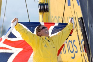 LES SABLES DOLONNE, FRANCE - FEBRUARY 16th: (FRANCE AND ITALY OUT) British yachtswoman Dee Caffari finishes 6th in the famous Vendee Globe yacht race crossing the finish line in Les Sables dOlonne, France. In doing so she becomes the first woman to circumnavigate the world sailing in both directions, both with and against the prevailing westerly winds. (Photo by Thierry Martinez)