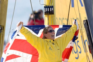 LES SABLES DOLONNE, FRANCE - FEBRUARY 16th: (FRANCE AND ITALY OUT) British yachtswoman Dee Caffari finishes 6th in the famous Vendee Globe yacht race crossing the finish line in Les Sables dOlonne, France. In doing so she becomes the first woman to circumnavigate the world sailing in both directions, both with and against the prevailing westerly winds. (Photo by Thierry Martinez)