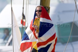 LES SABLES DOLONNE, FRANCE - FEBRUARY 16th: (FRANCE AND ITALY OUT) British yachtswoman Dee Caffari finishes 6th in the famous Vendee Globe yacht race crossing the finish line in Les Sables dOlonne, France. In doing so she becomes the first woman to circumnavigate the world sailing in both directions, both with and against the prevailing westerly winds. (Photo by Thierry Martinez)