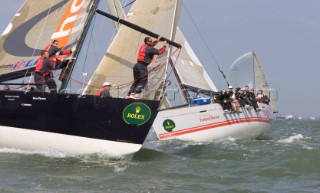 COWES, UK - July 1st: In ideal racing conditions the English Teams fight back on Day 2 of the Rolex Commodores Cup held in Cowes, Isle of Wight, to take the overall lead from the French Blue Team who presently hold second place. The Rolex Commodores Cup is held biannually in the UK and is the premier team racing event in the UK for big racing yachts. It is run by the Royal Ocean Racing Club. (Photo by Mike Jones/kospictures.com).