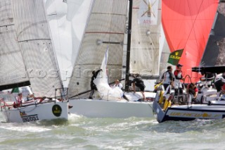 COWES, UK - July 1st: In ideal racing conditions the English Teams fight back on Day 2 of the Rolex Commodores Cup held in Cowes, Isle of Wight, to take the overall lead from the French Blue Team who are pushed back into second place. The Rolex Commodores Cup is held biannually in the UK and is the premier team racing event in the UK for big racing yachts. It is run by the Royal Ocean Racing Club. (Photo by Mike Jones/kospictures.com).