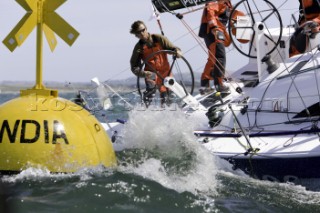 COWES, UK - June 30th: Crews struggle in testing conditions on Day 1 of the Rolex Commodores Cup held in Cowes, Isle of Wight. The French Blue Team lead the event by half a point. The Rolex Commodores Cup is held biannually in the UK and is the premier team racing event in the UK for big racing yachts. It is run by the Royal Ocean Racing Club. (Photo by Mike Jones/kospictures.com).