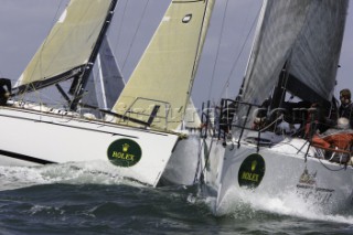 COWES, UK - June 30th: Crews struggle in testing conditions on Day 1 of the Rolex Commodores Cup held in Cowes, Isle of Wight. The French Blue Team lead the event by half a point. The Rolex Commodores Cup is held biannually in the UK and is the premier team racing event in the UK for big racing yachts. It is run by the Royal Ocean Racing Club. (Photo by Mike Jones/kospictures.com).