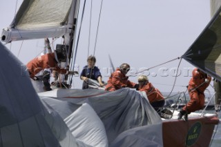 COWES, UK - June 30th: Crews struggle in testing conditions on Day 1 of the Rolex Commodores Cup held in Cowes, Isle of Wight. The French Blue Team lead the event by half a point. The Rolex Commodores Cup is held biannually in the UK and is the premier team racing event in the UK for big racing yachts. It is run by the Royal Ocean Racing Club. (Photo by Mike Jones/kospictures.com).