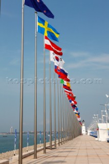 Qingdao, China, 20080807: 2008 OLYMPICS - Practice Race at Olympic Sailing Regatta before the real deal begins on Saturday. Spectator stands.  (No sale to Denmark)