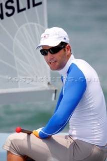 Qingdao, China, 20080807: 2008 OLYMPICS - Practice Race at Olympic Sailing Regatta before the real deal begins on Saturday. Ben Ainslie (GBR) - Finn Class.  (No sale to Denmark)