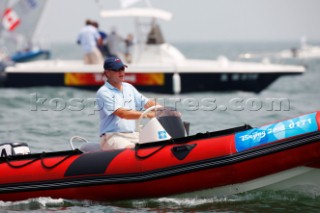 Qingdao, China, 20080807: 2008 OLYMPICS - Practice Race at Olympic Sailing Regatta before the real deal begins on Saturday. Kenneth Andreasen (USA) - Coach for Zach Railey (USA).  (No sale to Denmark)