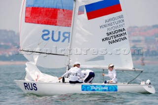 Qingdao, China, 20080807: 2008 OLYMPICS - Practice Race at Olympic Sailing Regatta before the real deal begins on Saturday. Natalia Ivanova/Diana Krutskikh/Ekatarina Skudina (RUS) - Yngling Class.  (No sale to Denmark)