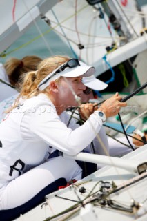 Qingdao, China, 20080807: 2008 OLYMPICS - Practice Race at Olympic Sailing Regatta before the real deal begins on Saturday. Ekatarina Skudina (RUS) - Yngling Class.  (No sale to Denmark)