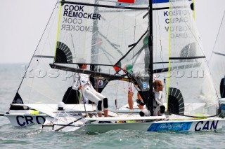 Qingdao, China, 20080807: 2008 OLYMPICS - Practice Race at Olympic Sailing Regatta before the real deal begins on Saturday. Gordon Cook/Ben Remocker (CAN) - 49er Class.  (No sale to Denmark)