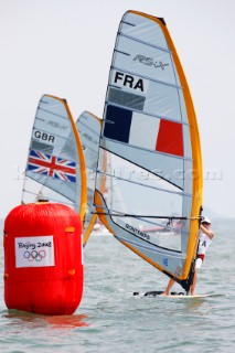 Qingdao, China, 20080807: 2008 OLYMPICS - Practice Race at Olympic Sailing Regatta before the real deal begins on Saturday. Julien Bontemps (FRA) - RS:X Class Men.  (No sale to Denmark)