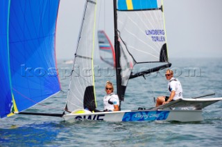 Qingdao, China, 20080807: 2008 OLYMPICS - Practice Race at Olympic Sailing Regatta before the real deal begins on Saturday. Jonas Lindberg/Kalle Torlaan (SWE) - 49er Class.  (No sale to Denmark)