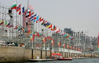 Qingdao, China, 20080807: 2008 OLYMPICS - Practice Race at Olympic Sailing Regatta before the real deal begins on Saturday. Flag pier at the Olympic Harbour.  (No sale to Denmark)