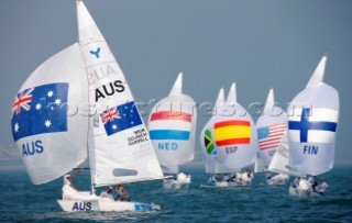 Qingdao, China, 20080809: 2008 OLYMPICS - first day of racing in the Olympic Sailing Event. WEIR Krystal/GOJNICH Karyn/FARRELL Angela win their first race - Yngling Class.  (no sale to Denmark)