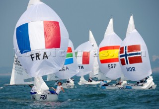 Qingdao, China, 20080809: 2008 OLYMPICS - first day of racing in the Olympic Sailing Event. le HELLEY Anne/LEPESANT Catherine/GERECHT Julie (FRA) - Yngling Class.  (no sale to Denmark)