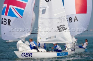 Qingdao, China, 20080809: 2008 OLYMPICS - first day of racing in the Olympic Sailing Event. AYTON Sarah/WEBB Sarah/WILSON Pippa (GBR) - Yngling Class.  (no sale to Denmark)