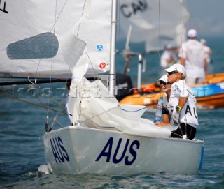 Qingdao, China, 20080809: 2008 OLYMPICS - first day of racing in the Olympic Sailing Event. WEIR Krystal/GOJNICH Karyn/FARRELL Angela win their first race - Yngling Class.  (no sale to Denmark)