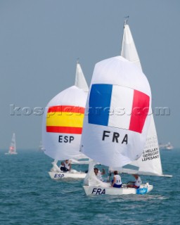 Qingdao, China, 20080809: 2008 OLYMPICS - first day of racing in the Olympic Sailing Event. le HELLEY Anne/LEPESANT Catherine/GERECHT Julie (FRA) - Yngling Class.  (no sale to Denmark)