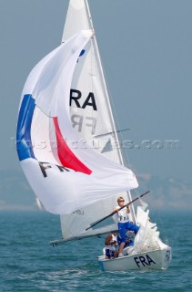 Qingdao, China, 20080809: 2008 OLYMPICS - first day of racing in the Olympic Sailing Event. le HELLEY Anne/LEPESANT Catherine/GERECHT Julie (FRA) - Yngling Class.  (no sale to Denmark)