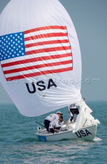 Qingdao, China, 20080809: 2008 OLYMPICS - first day of racing in the Olympic Sailing Event. BARKOW Sally/HOWE Carrie/CAPOZZI Deborah (USA) - Yngling Class.  (no sale to Denmark)