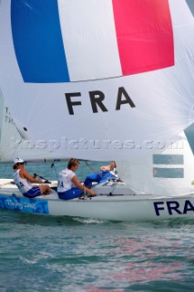 Qingdao, China, 20080809: 2008 OLYMPICS - first day of racing in the Olympic Sailing Event. le HELLEY Anne/LEPESANT Catherine/GERECHT Julie (FRA) - Yngling Class.  (no sale to Denmark)