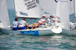 Qingdao, China, 20080809: 2008 OLYMPICS - first day of racing in the Olympic Sailing Event. le HELLEY Anne/LEPESANT Catherine/GERECHT Julie (FRA) - Yngling Class.  (no sale to Denmark)