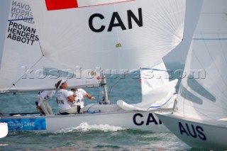 Qingdao, China, 20080809: 2008 OLYMPICS - first day of racing in the Olympic Sailing Event. PROVAN Jennifer/HENDERSON Martha/ABBOTT Katie - Yngling Class.  (no sale to Denmark)