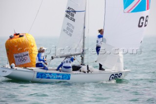 Qingdao, China, 20080809: 2008 OLYMPICS - first day of racing in the Olympic Sailing Event. AYTON Sarah/WEBB Sarah/WILSON Pippa (GBR) - Yngling Class.   (no sale to Denmark)