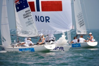 Qingdao, China, 20080809: 2008 OLYMPICS - first day of racing in the Olympic Sailing Event. WEIR Krystal/GOJNICH Karyn/FARRELL Angela (AUS) - Yngling Class.   (no sale to Denmark)