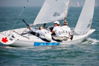 Qingdao, China, 20080809: 2008 OLYMPICS - first day of racing in the Olympic Sailing Event. PROVAN Jennifer/HENDERSON Martha/ABBOTT Katie - Yngling Class.  (no sale to Denmark)