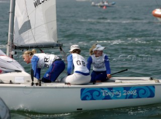 Qingdao, China, 20080809: 2008 OLYMPICS - first day of racing in the Olympic Sailing Event. AYTON Sarah/WEBB Sarah/WILSON Pippa (GBR) - Yngling Class.   (no sale to Denmark)