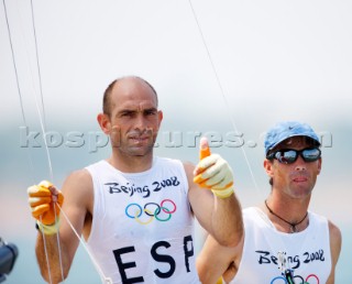 Qingdao, China, 20080810: 2008 OLYMPICS - second day of racing in the Olympic Sailing Event. Iker Martinez/Zabier Fernandez (ITA) - 49er Class.  (no sale to Denmark)