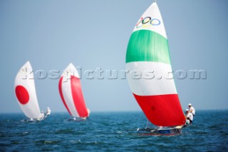 Qingdao, China, 20080810: 2008 OLYMPICS - second day of racing in the Olympic Sailing Event. Pietro Sibello/Gianfranco Sibello (ITA) -  49er Class.   (no sale to Denmark)