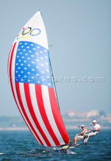 Qingdao, China, 20080810: 2008 OLYMPICS - second day of racing in the Olympic Sailing Event. Tim Wadlow/Christopher Rast (USA) - 49er Class.   (no sale to Denmark)