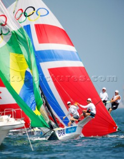 Qingdao, China, 20080810: 2008 OLYMPICS - second day of racing in the Olympic Sailing Event. Andre Fonseca/Rodrigo Duarte (BRA) - 49er Class.   (no sale to Denmark)