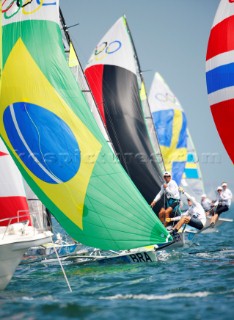 Qingdao, China, 20080810: 2008 OLYMPICS - second day of racing in the Olympic Sailing Event. Andre Fonseca/Rodrigo Duarte (BRA) - 49er Class.   (no sale to Denmark)