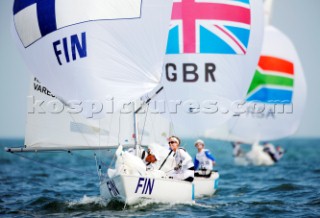 Qingdao, China, 20080810: 2008 OLYMPICS - second day of racing in the Olympic Sailing Event. Silja Lehtinen/Maria Klemetz/Livia Varesma (FIN) - Yngling Class.   (no sale to Denmark)