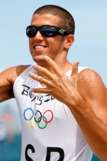 Qingdao, China, 20080811: 2008 OLYMPICS - third day of racing in the Olympic Sailing Event. Shahar Zubari (ISR) -  RS:X Class.  (no sale to Denmark)