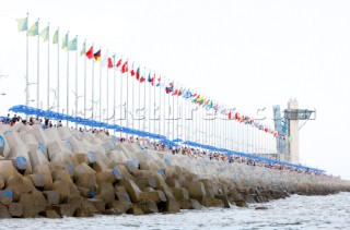 Qingdao, China, 20080811: 2008 OLYMPICS - third day of racing in the Olympic Sailing Event. The spectator area at the Olympic Sailing Center -  RS:X Class.  (no sale to Denmark)