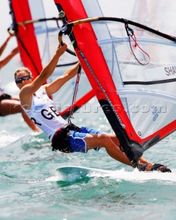 Qingdao, China, 20080811: 2008 OLYMPICS - third day of racing in the Olympic Sailing Event. Bryony Shaw (GBR) -  RS:X Class.  (no sale to Denmark)