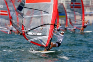 Qingdao, China, 20080811: 2008 OLYMPICS - third day of racing in the Olympic Sailing Event. Marina Alabau (ESP) -  RS:X Class.  (no sale to Denmark)