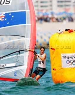 Qingdao, China, 20080811: 2008 OLYMPICS - third day of racing in the Olympic Sailing Event. Jessica Crisp (AUS) -  RS:X Class. (no sale to Denmark)